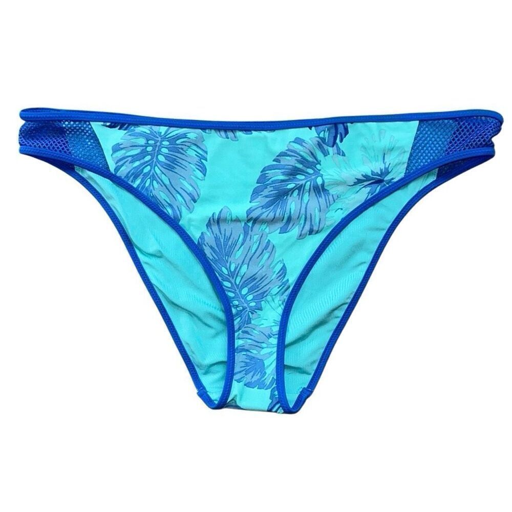 Aerie Swim sz XL blue, teal, lace dark blue trim  floral cheeky swimsuit NWOT